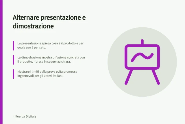 Alternare presentazione e dimostrazione: La presentazione spiega cosa è il prodotto e per quale uso è pensato.; La dimostrazione mostra un'azione concreta con il prodotto, ripresa in sequenza chiara.; Mostrare i limiti della prova evita promesse ingannevoli per gli utenti italiani. Alternare presentazione e dimostrazione del prodotto