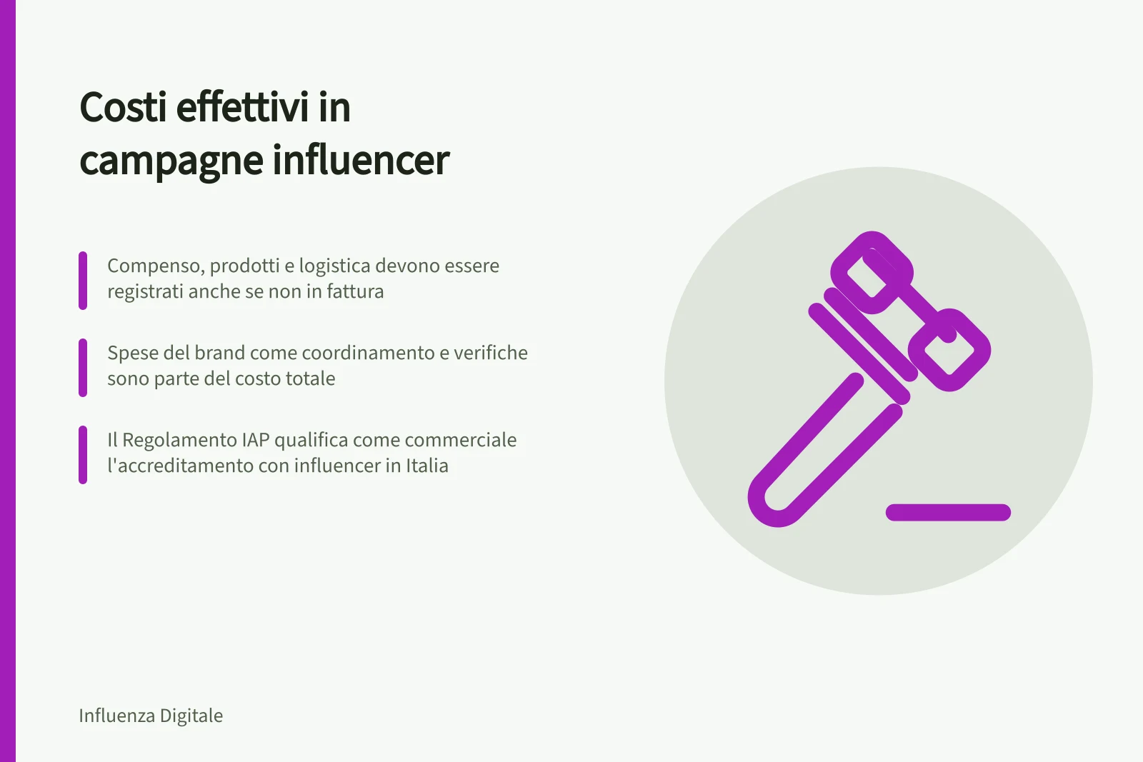 Costi effettivi in campagne influencer: Compenso, prodotti e logistica devono essere registrati anche se non in fattura; Spese del brand come coordinamento e verifiche sono parte del costo totale; Il Regolamento IAP qualifica come commerciale l'accreditamento con influencer in Italia