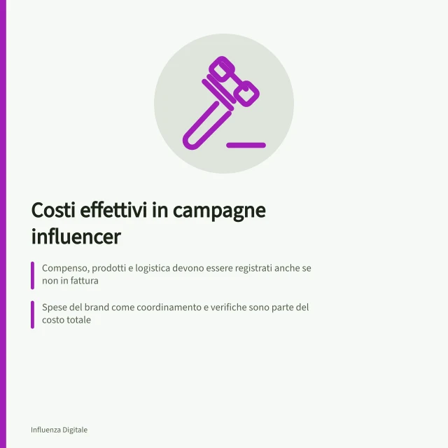 Costi effettivi in campagne influencer: Compenso, prodotti e logistica devono essere registrati anche se non in fattura; Spese del brand come coordinamento e verifiche sono parte del costo totale; Il Regolamento IAP qualifica come commerciale l'accreditamento con influencer in Italia. Che cosa includere nel costo di una campagna