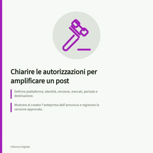 Chiarire le autorizzazioni per amplificare un post: Definire piattaforma, identità, versione, mercati, periodo e destinazione.; Mostrare al creator l'anteprima dell'annuncio e registrare la versione approvata.; Distinguere una correzione tecnica da una modifica sostanziale che richiede nuova approvazione. Chiarire le autorizzazioni per amplificare un post