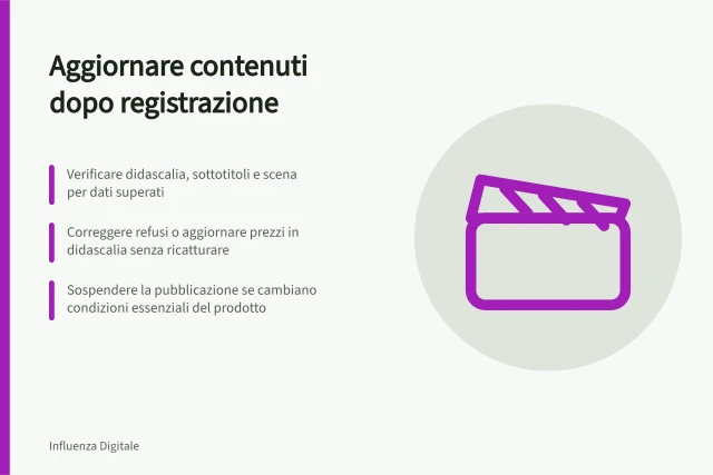 Aggiornare contenuti dopo registrazione: Verificare didascalia, sottotitoli e scena per dati superati; Correggere refusi o aggiornare prezzi in didascalia senza ricatturare; Sospendere la pubblicazione se cambiano condizioni essenziali del prodotto. Comunicare modifiche dopo la registrazione dei contenuti