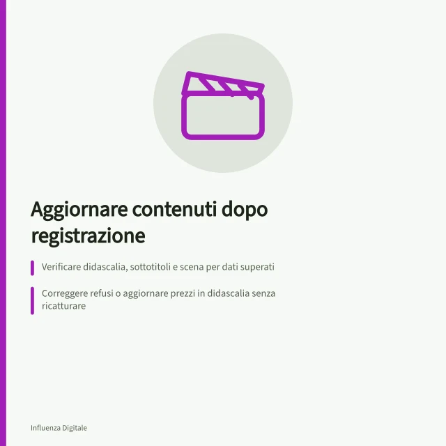 Aggiornare contenuti dopo registrazione: Verificare didascalia, sottotitoli e scena per dati superati; Correggere refusi o aggiornare prezzi in didascalia senza ricatturare; Sospendere la pubblicazione se cambiano condizioni essenziali del prodotto. Comunicare modifiche dopo la registrazione dei contenuti