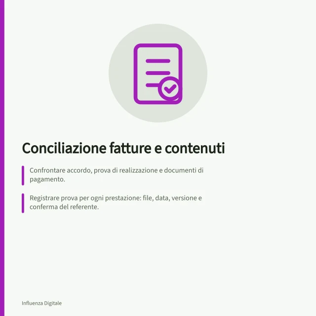 Conciliazione fatture e contenuti: Confrontare accordo, prova di realizzazione e documenti di pagamento.; Registrare prova per ogni prestazione: file, data, versione e conferma del referente.; Distinguere consegna da risultato: uno stato non giudica l'efficacia del contenuto. Conciliare fatture e contenuti consegnati