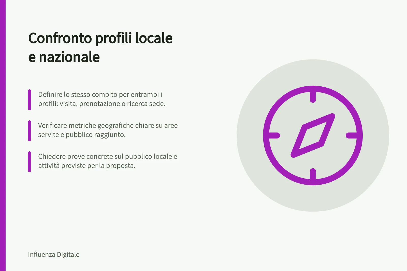Confronto profili locale e nazionale: Definire lo stesso compito per entrambi i profili: visita, prenotazione o ricerca sede.; Verificare metriche geografiche chiare su aree servite e pubblico raggiunto.; Chiedere prove concrete sul pubblico locale e attività previste per la proposta.