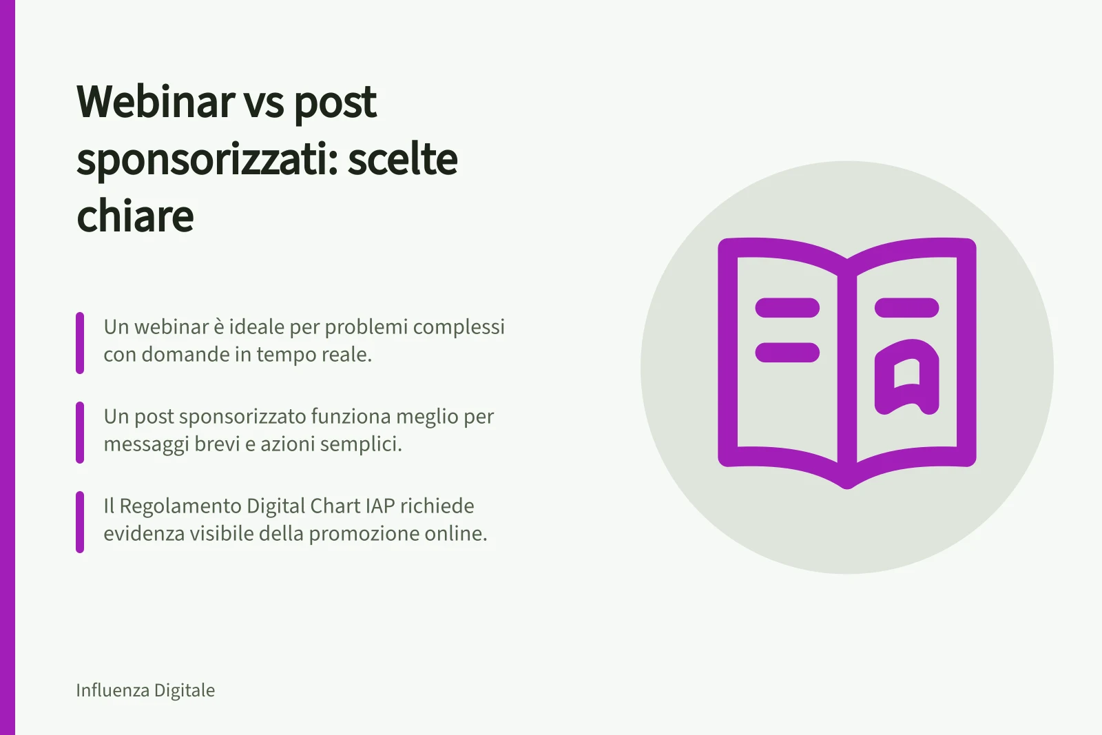 Webinar vs post sponsorizzati: scelte chiare: Un webinar è ideale per problemi complessi con domande in tempo reale.; Un post sponsorizzato funziona meglio per messaggi brevi e azioni semplici.; Il Regolamento Digital Chart IAP richiede evidenza visibile della promozione online.
