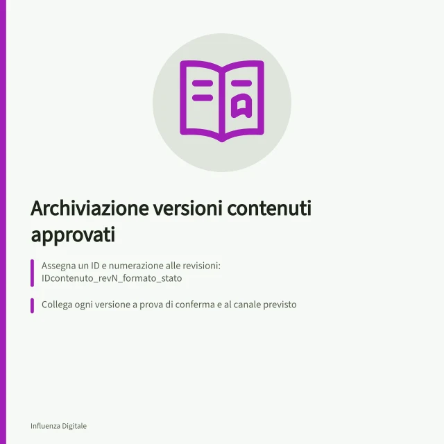 Archiviazione versioni contenuti approvati: Assegna un ID e numerazione alle revisioni: IDcontenuto_revN_formato_stato; Collega ogni versione a prova di conferma e al canale previsto; Verifica conformità CAD: autenticità, integrità, leggibilità e reperibilità. Conservare le versioni approvate dei contenuti: guida