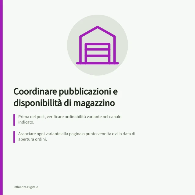 Coordinare pubblicazioni e disponibilità di magazzino: Prima del post, verificare ordinabilità variante nel canale indicato.; Associare ogni variante alla pagina o punto vendita e alla data di apertura ordini.; Ricontrollare la pagina dal punto di vista dell'utente poco prima della pubblicazione. Coordinare pubblicazioni e disponibilità di magazzino
