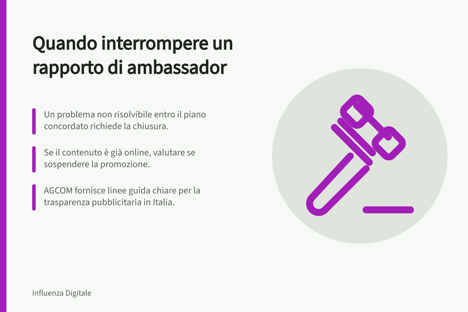 Quando interrompere un rapporto di ambassador: Un problema non risolvibile entro il piano concordato richiede la chiusura.; Se il contenuto è già online, valutare se sospendere la promozione.; AGCOM fornisce linee guida chiare per la trasparenza pubblicitaria in Italia.