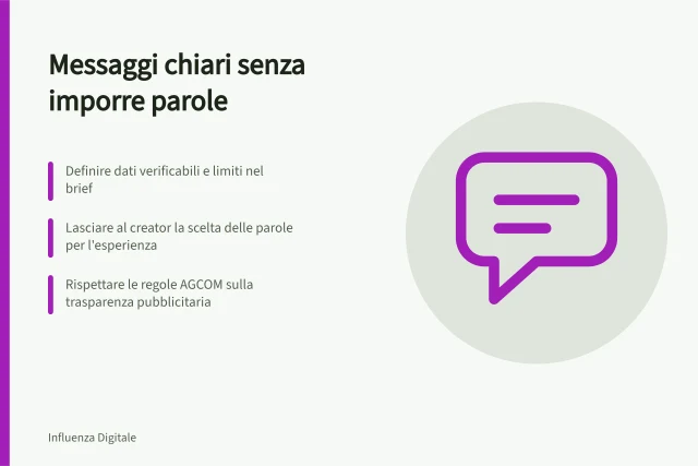 Messaggi chiari senza imporre parole: Definire dati verificabili e limiti nel brief; Lasciare al creator la scelta delle parole per l'esperienza; Rispettare le regole AGCOM sulla trasparenza pubblicitaria. Definire i messaggi senza imporre ogni parola