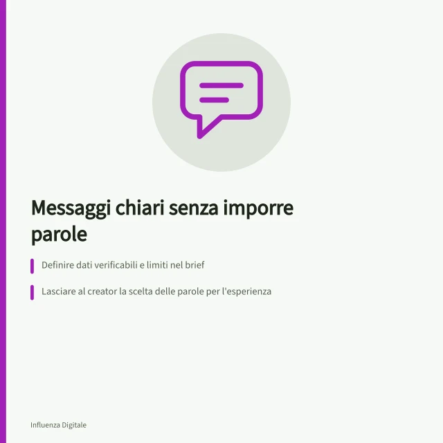 Messaggi chiari senza imporre parole: Definire dati verificabili e limiti nel brief; Lasciare al creator la scelta delle parole per l'esperienza; Rispettare le regole AGCOM sulla trasparenza pubblicitaria. Definire i messaggi senza imporre ogni parola