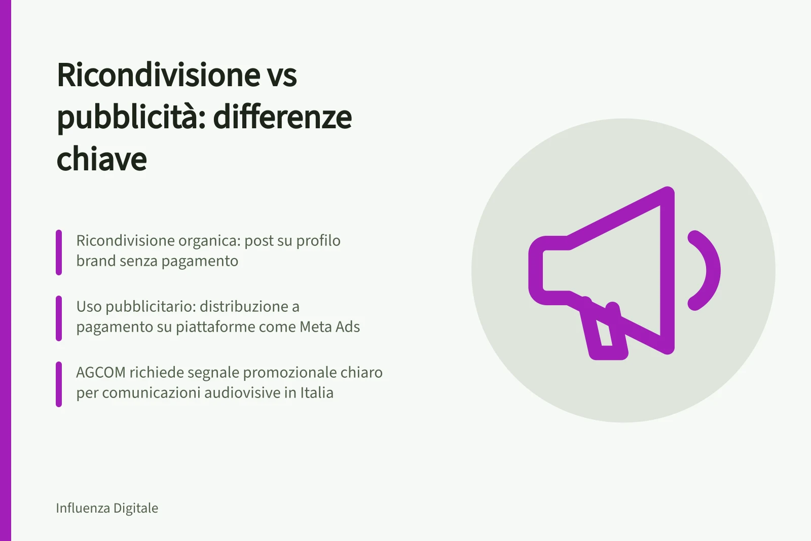 Ricondivisione vs pubblicità: differenze chiave: Ricondivisione organica: post su profilo brand senza pagamento; Uso pubblicitario: distribuzione a pagamento su piattaforme come Meta Ads; AGCOM richiede segnale promozionale chiaro per comunicazioni audiovisive in Italia