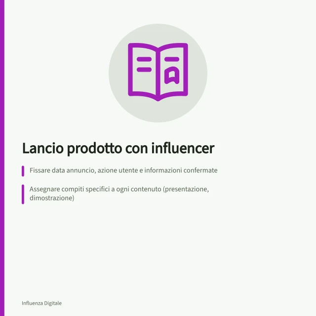 Lancio prodotto con influencer: Fissare data annuncio, azione utente e informazioni confermate; Assegnare compiti specifici a ogni contenuto (presentazione, dimostrazione); Rispettare regole IAP: dicitura pubblicitaria visibile in ogni formato. Influencer per il lancio di un prodotto