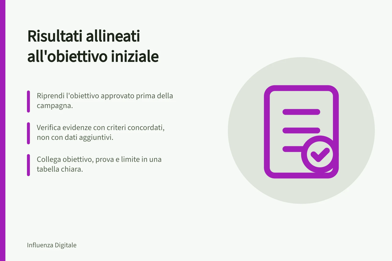 Risultati allineati all'obiettivo iniziale: Riprendi l'obiettivo approvato prima della campagna.; Verifica evidenze con criteri concordati, non con dati aggiuntivi.; Collega obiettivo, prova e limite in una tabella chiara.