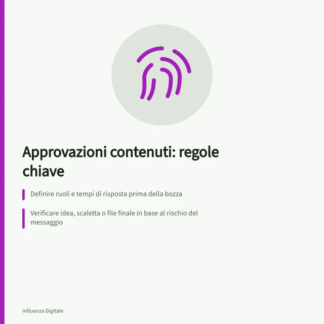 Approvazioni contenuti: regole chiave: Definire ruoli e tempi di risposta prima della bozza; Verificare idea, scaletta o file finale in base al rischio del messaggio; Confrontare versione approvata e pubblicata con AGCOM e IAP. Organizzare le approvazioni dei contenuti