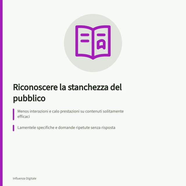 Riconoscere la stanchezza del pubblico: Menos interazioni e calo prestazioni su contenuti solitamente efficaci; Lamentele specifiche e domande ripetute senza risposta; Verificare formato, data e distribuzione prima di attribuire il calo alla ripetizione. Riconoscere la stanchezza del pubblico: segnali e prova