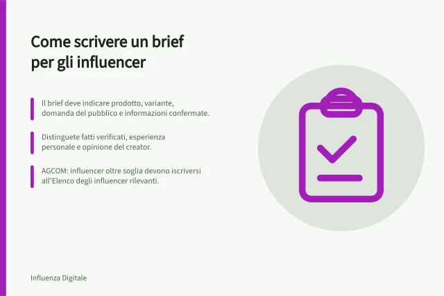 Come scrivere un brief per gli influencer: Il brief deve indicare prodotto, variante, domanda del pubblico e informazioni confermate.; Distinguete fatti verificati, esperienza personale e opinione del creator.; AGCOM: influencer oltre soglia devono iscriversi all'Elenco degli influencer rilevanti. Scrivere un brief per gli influencer
