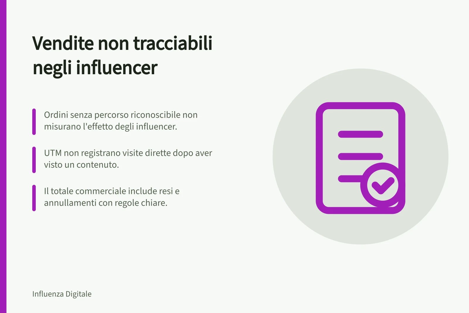 Vendite non tracciabili negli influencer: Ordini senza percorso riconoscibile non misurano l'effetto degli influencer.; UTM non registrano visite dirette dopo aver visto un contenuto.; Il totale commerciale include resi e annullamenti con regole chiare.