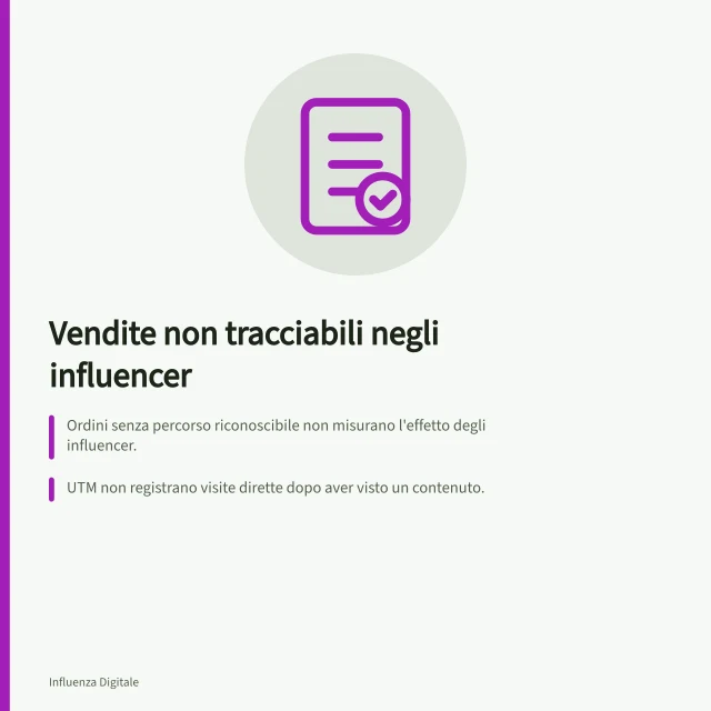 Vendite non tracciabili negli influencer: Ordini senza percorso riconoscibile non misurano l'effetto degli influencer.; UTM non registrano visite dirette dopo aver visto un contenuto.; Il totale commerciale include resi e annullamenti con regole chiare. Spiegare le vendite non tracciabili nei report degli influencer