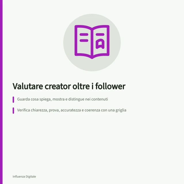 Valutare creator oltre i follower: Guarda cosa spiega, mostra e distingue nei contenuti; Verifica chiarezza, prova, accuratezza e coerenza con una griglia; Controlla se contenuti commerciali rispettano regole AGCOM per trasparenza. Valutare i contenuti oltre il numero di follower