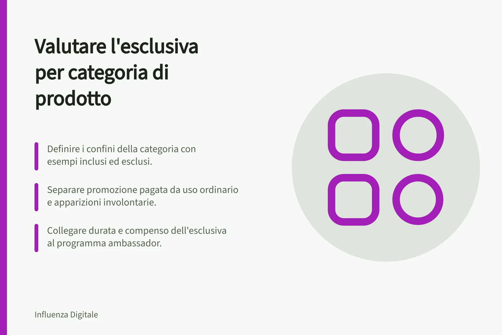 Valutare l'esclusiva per categoria di prodotto: Definire i confini della categoria con esempi inclusi ed esclusi.; Separare promozione pagata da uso ordinario e apparizioni involontarie.; Collegare durata e compenso dell'esclusiva al programma ambassador.