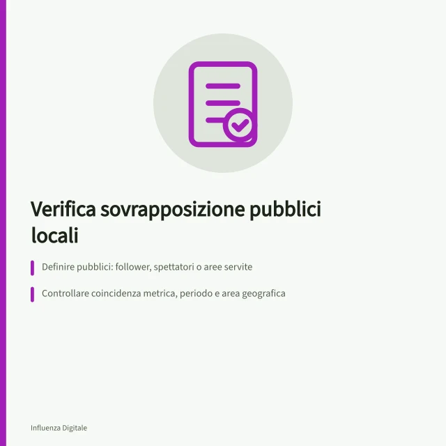 Verifica sovrapposizione pubblici locali: Definire pubblici: follower, spettatori o aree servite; Controllare coincidenza metrica, periodo e area geografica; Richiedere stima deduplicata con metodo e perimetro dichiarati. Verificare la sovrapposizione tra pubblici locali